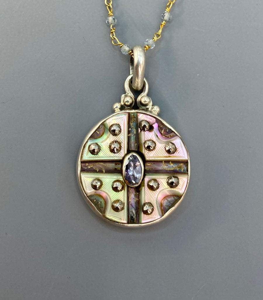 Victorian Carved Shell Pearl Button w/ Steel Facet Accent Set in Sterling Silver With  Labradorite Rosary