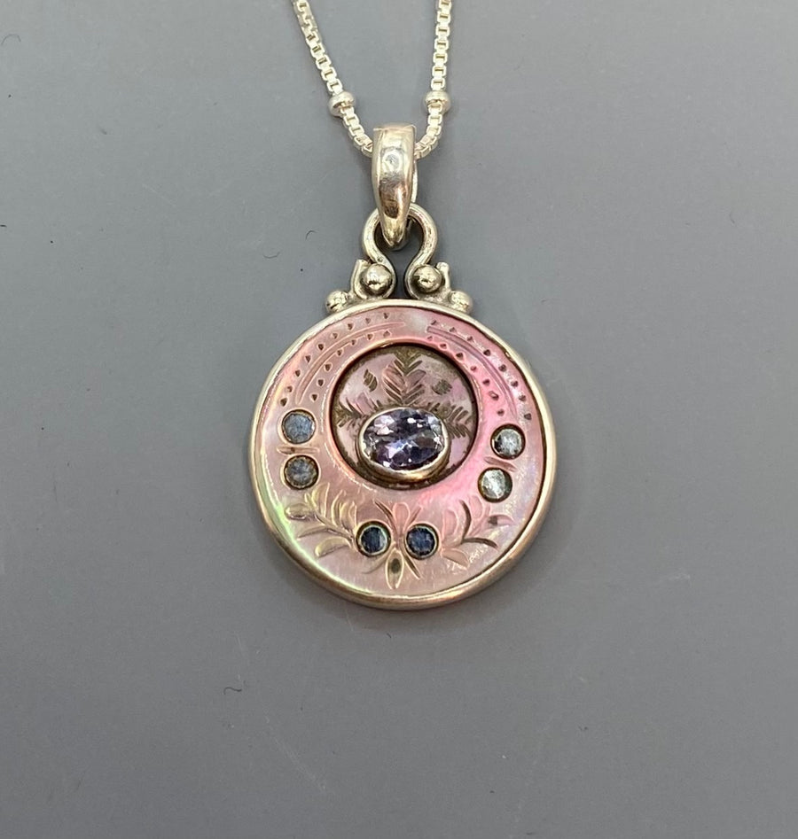 Victorian Carved Shell Pearl Button w/ Amethyst Center Set in Sterling Silver Satellite Chain