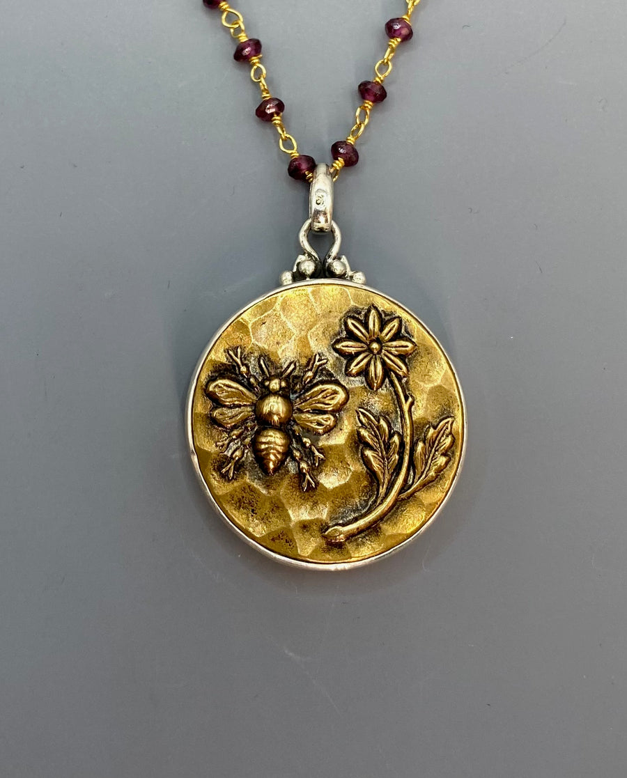 Victorian Picture Metal Bee Image set in Sterling Silver w/ Facet Garnet Rosary
