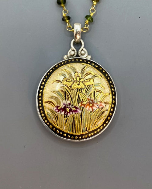 Victorian Hand Painted Porcelain Satsuma Button w/ 24K Paint Set in Sterling Silver With Tourmaline Rosary