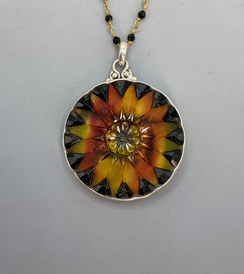 Victorian Large Lacy Czech Glass Button Set in Sterling Silver With Facet Spinnel Chain