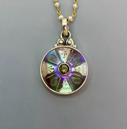 Victorian Carved Shell Pearl Button w/ Peridot Center Set in Sterling Silver w/ Pearl Rosary