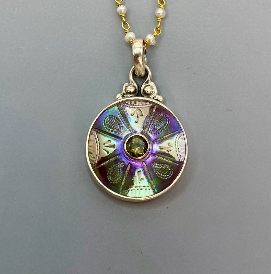 Victorian Carved Shell Pearl Button w/ Peridot Center Set in Sterling Silver w/ Pearl Rosary