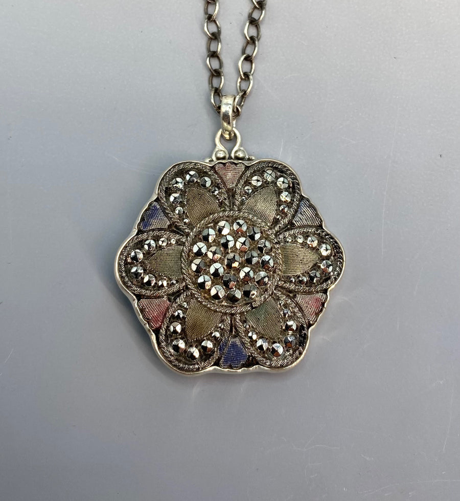 Victorian Large Luster Glass Button Set in Sterling Silver With Sterling Silver Chain