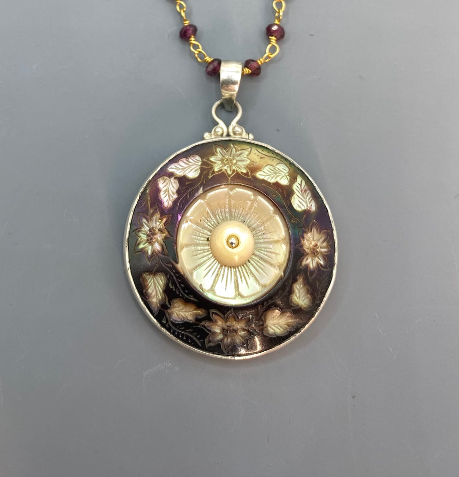 Victorian Carved Shell Pearl Button w/ Tourmaline Center Set in Sterling Silver w/ Garnet Rosary