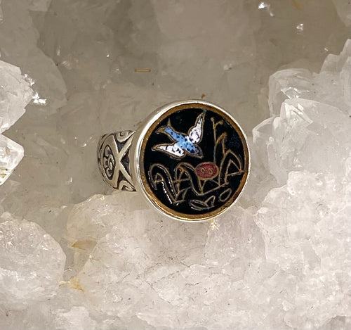 Antique Hand Painted Enamel Bird Button set in Sterling Silver Ring Size 7.5