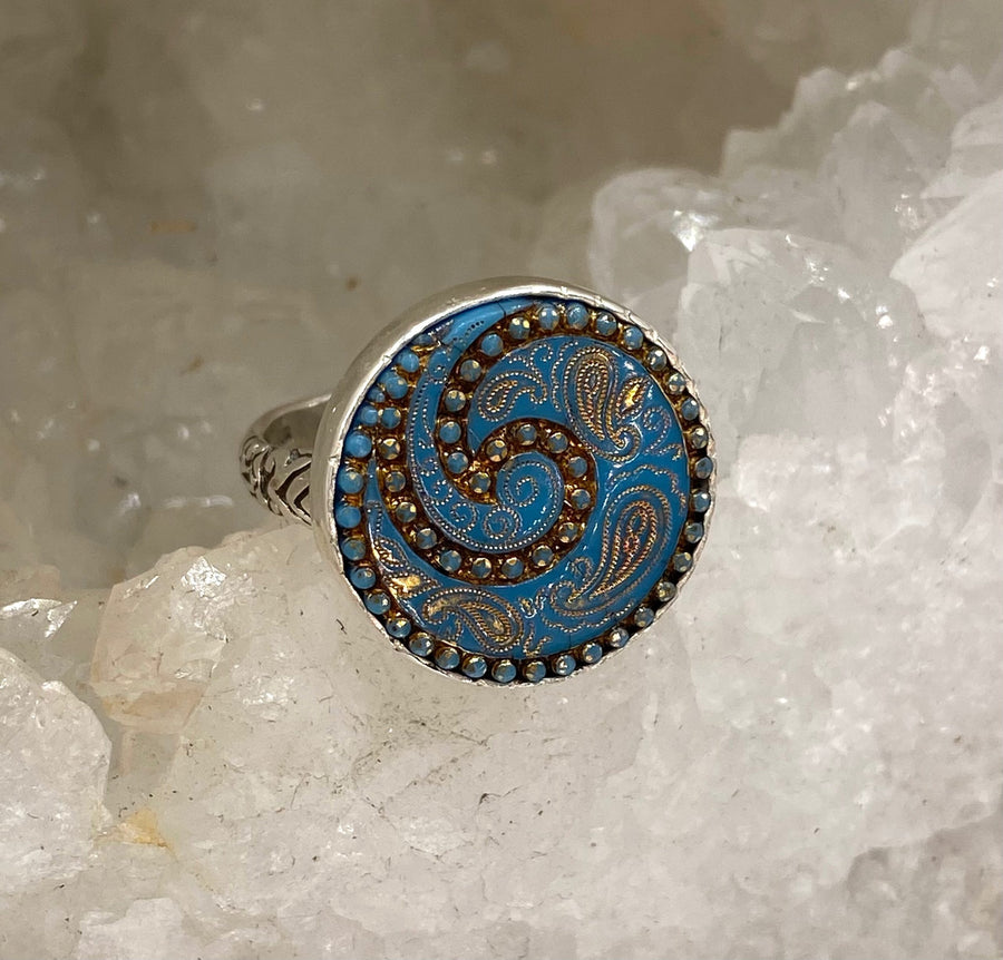 Luster Glass Button from Czech Republic set in Sterling Silver Ring Size 7.5