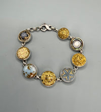 Victorian Ornate Brass, Glass In Metal, Leo Popper Buttons set in Sterling Silver Bracelet 8"