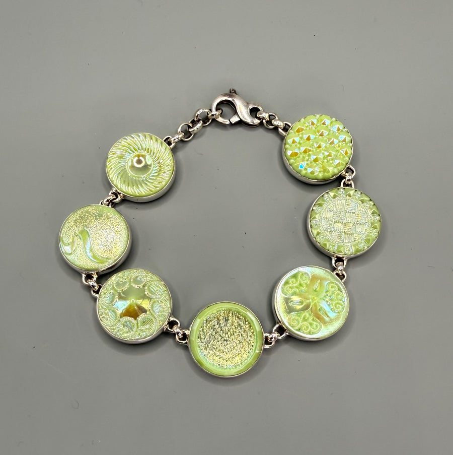 Vintage Green Luster Glass Buttons set in Sterling Silver Bracelet 8"