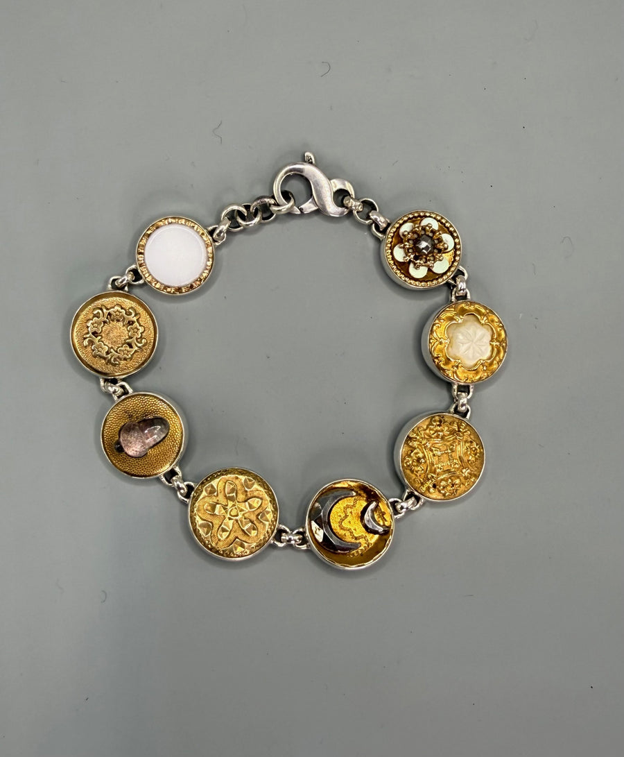 Victorian Ornate  Glass In Metal & Ornate Metal  Buttons set in Sterling Silver Bracelet 7-3/4"
