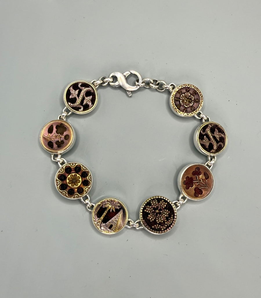 Victorian Burgundy Velvet Perfume Buttons set in Sterling Silver Bracelet 8-1/2