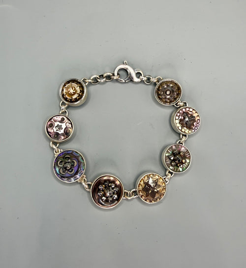 Victorian Tinted Carved Shell With Steel Accent Buttons set in Sterling Silver Bracelet 8"