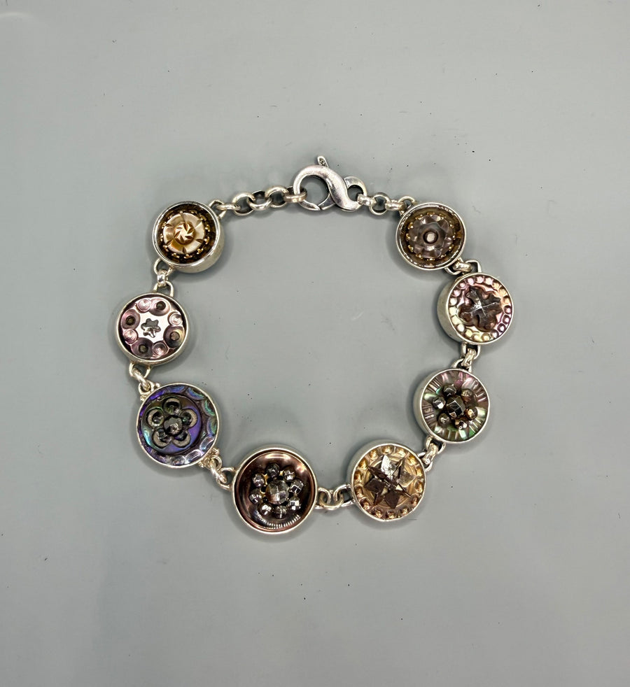 Victorian Tinted Carved Shell With Steel Accent Buttons set in Sterling Silver Bracelet 8"