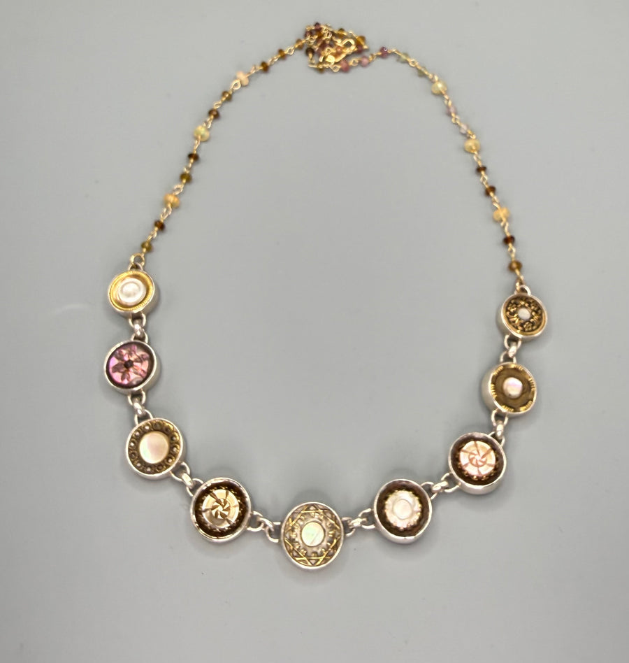 Victorian Tinted Carved Shell w/ Steel Center 9 Button set in Sterling Silver Necklace 18-20"