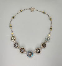 Victorian Tinted Carved Shell w/ Steel Center 7 Button set in Sterling Silver Necklace 18-20"