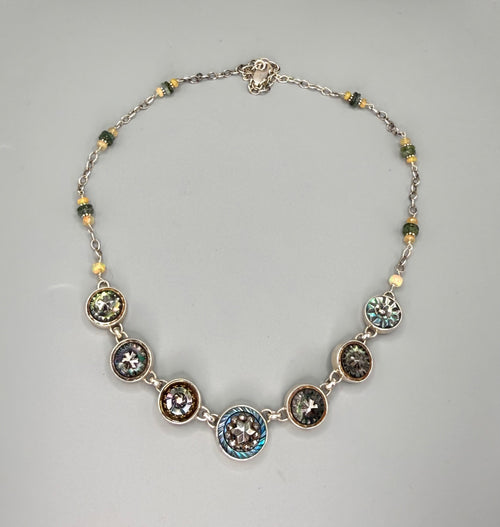 Victorian Tinted Carved Shell w/ Steel Center 7 Button set in Sterling Silver Necklace 18-20"