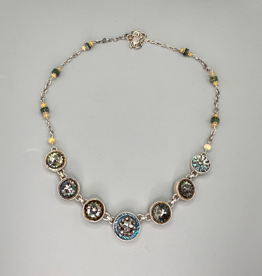 Victorian Tinted Carved Shell w/ Steel Center 7 Button set in Sterling Silver Necklace 18-20"
