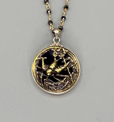 Victorian Velvet Perfume Button Bird Design set in Sterling Silver Accented With Black Spinel & Gold 24" Necklace