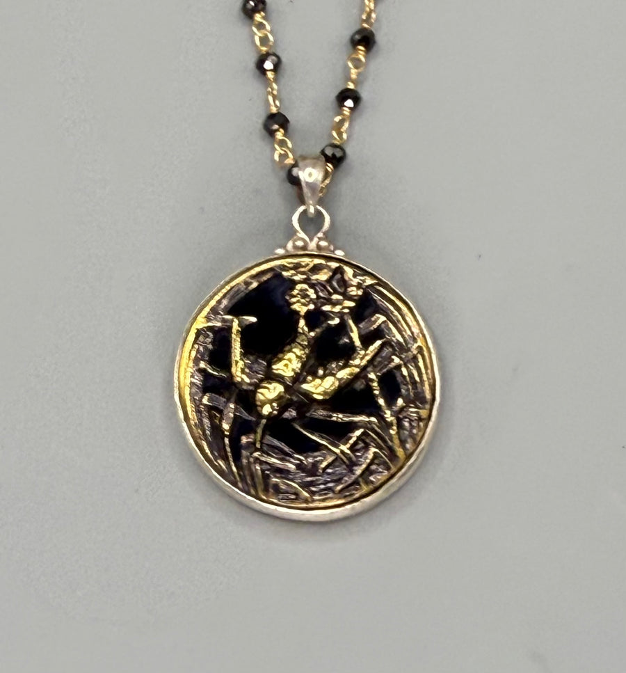 Victorian Velvet Perfume Button Bird Design set in Sterling Silver Accented With Black Spinel & Gold 24" Necklace
