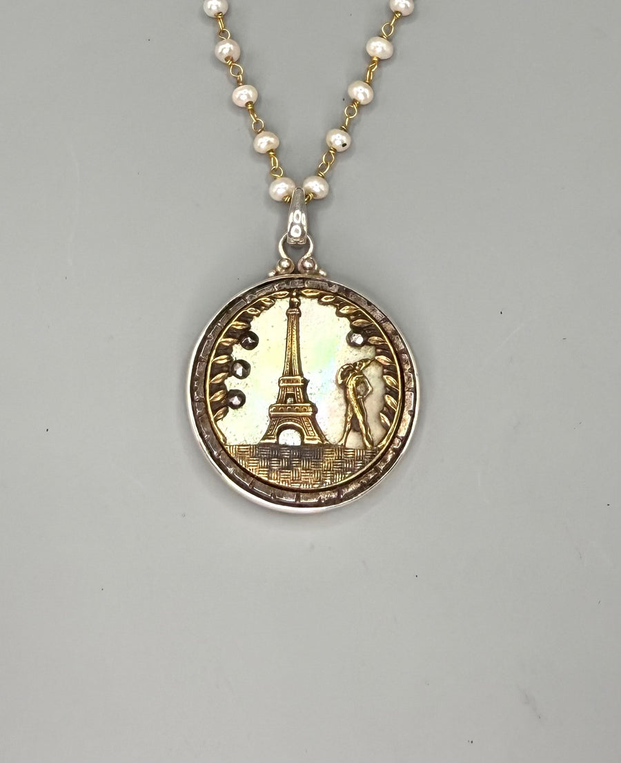 Victorian Eiffel Tower with Shell Back Button set in Sterling Silver With Pearl & Gold 22" Necklace