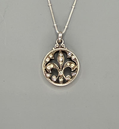 Victorian Fleur Du Lys Rhinestone and White Metal Button set in Sterling Silver w/ 18" Satellite Sterling Chain Accent