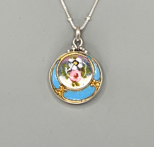 Victorian Hand Painted Enamel Necklace set in Sterling Silver w/ 18" Sterling Sattelite Chain Accent