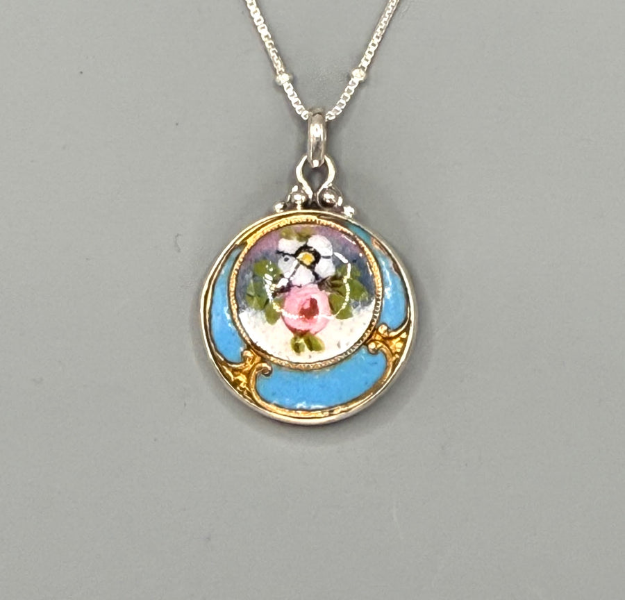 Victorian Hand Painted Enamel Necklace set in Sterling Silver w/ 18" Sterling Sattelite Chain Accent
