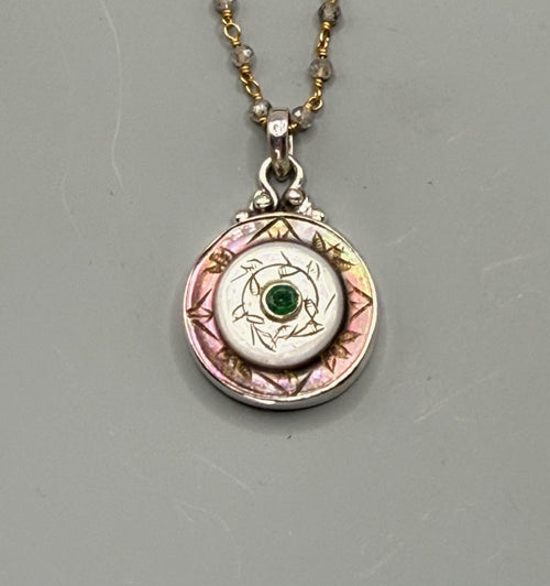 Victorian Tinted Carved Shell w/ Tourmaline Center set in Sterling Silver With Facet Labradorite 18" Necklace