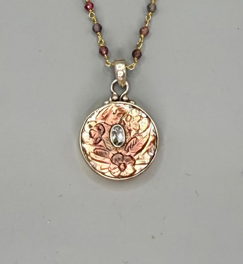 Victorian Carved Shell Aquamarine Center set in Sterling Silver Accented With Facet Saphire & Gold 18" Necklace