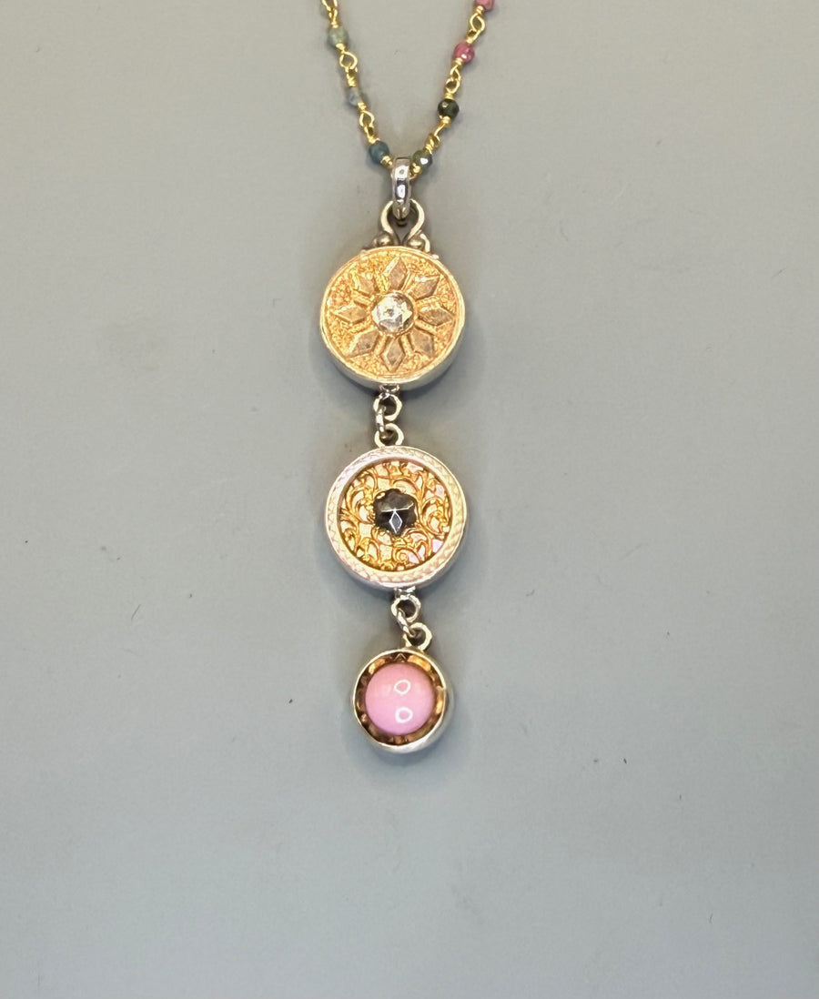 Victorian 3 Button Drop Necklace set in Sterling Silver w/Tourmaline facet stone Necklace Accent