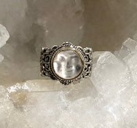 Victorian Rare Glass Moon face set in Brass set in Filigree Sterling Silver Ring Size 7