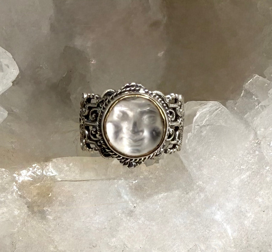 Victorian Rare Glass Moon face set in Brass set in Filigree Sterling Silver Ring Size 7