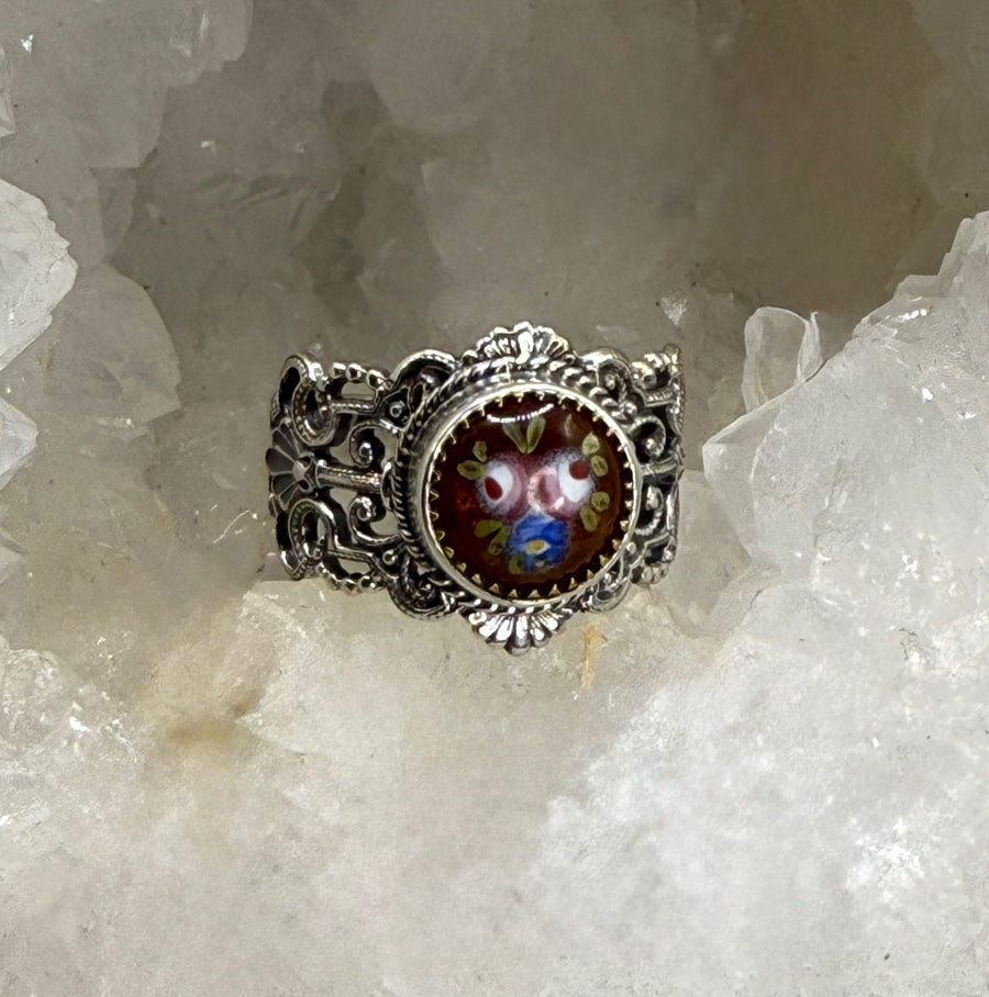 Antique Victorian Hand Painted Enamel Button set in Filigree Sterling Silver Ring Size 8