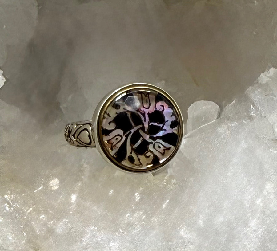 Victorian Glass in Metal Ornate Painted Pearl Set in Brass w/ Facet Glass Overlay Button  set in Sterling Silver Ring Size 7-1/4