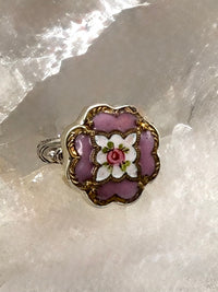 Antique Victorian Hand Painted Enamel Button set in Sterling Silver Ring Size 6-1/2