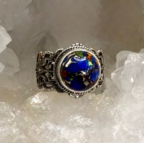 Antique Leo Popper Glass Button set in Filigree Sterling Silver Ring Size 7-1/4