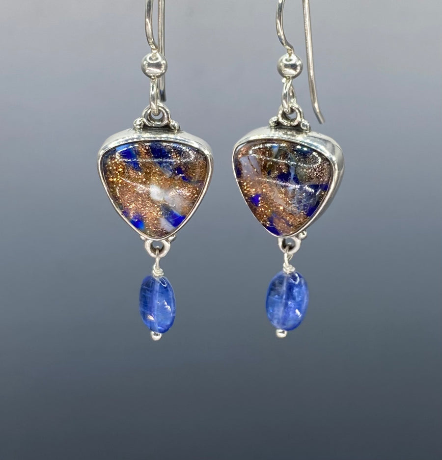 Victorian Leo Popper Glass Button set in Sterling Silver Earring w/ Kyanite Teardrop Accent
