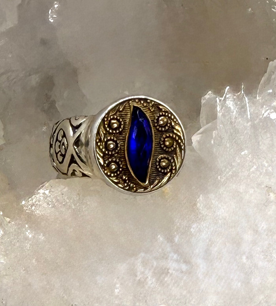 Victorian Blue Facet set in Brass set in Sterling Silver Ring Size 7 -1/2