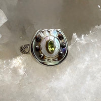 Victorian Carved Shell Horseshoe Button w/ Steel Facet Accent Tourmaline Center Set in Sterling Silver Ring Size 8-1/4