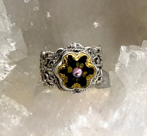 Antique Victorian Hand Painted Enamel Button set in Filigree Sterling Silver Ring Size 7