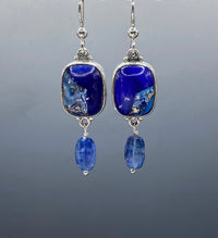 Victorian Leo Popper Glass Button set in Sterling Silver Earring w/ Lapis Teardrop Accent