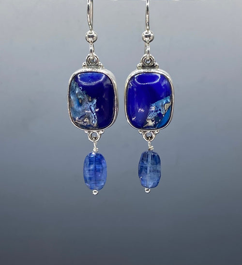 Victorian Leo Popper Glass Button set in Sterling Silver Earring w/ Lapis Teardrop Accent
