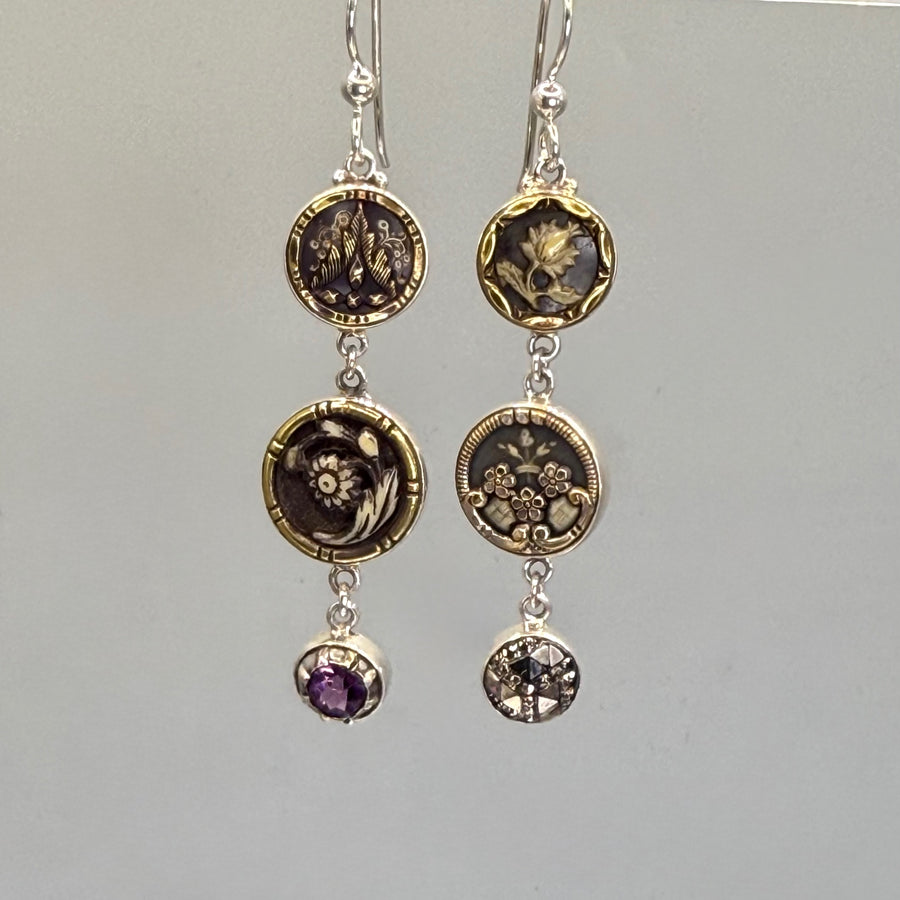 Asymmetrical Victorian Button Earrings set in Sterling Silver