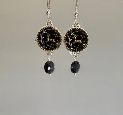 Victorian Perfume Button Earrings with Deer Image set in Sterling Silver w/ Tourmaline Facet Stone Accent