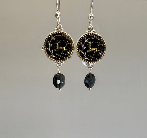 Victorian Perfume Button Earrings with Deer Image set in Sterling Silver w/ Tourmaline Facet Stone Accent