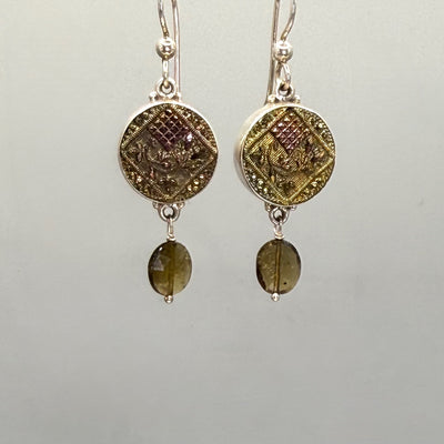 Victorian Luster Button Earrings set in Sterling Silver w/ Tourmaline Facet Stone Accent