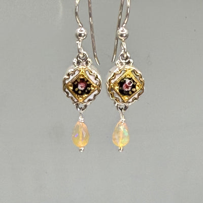 Victorian Hand Painted French Enamel Button Earrings set in Sterling Silver w/ Ethiopian Opal Facet Stone Accent