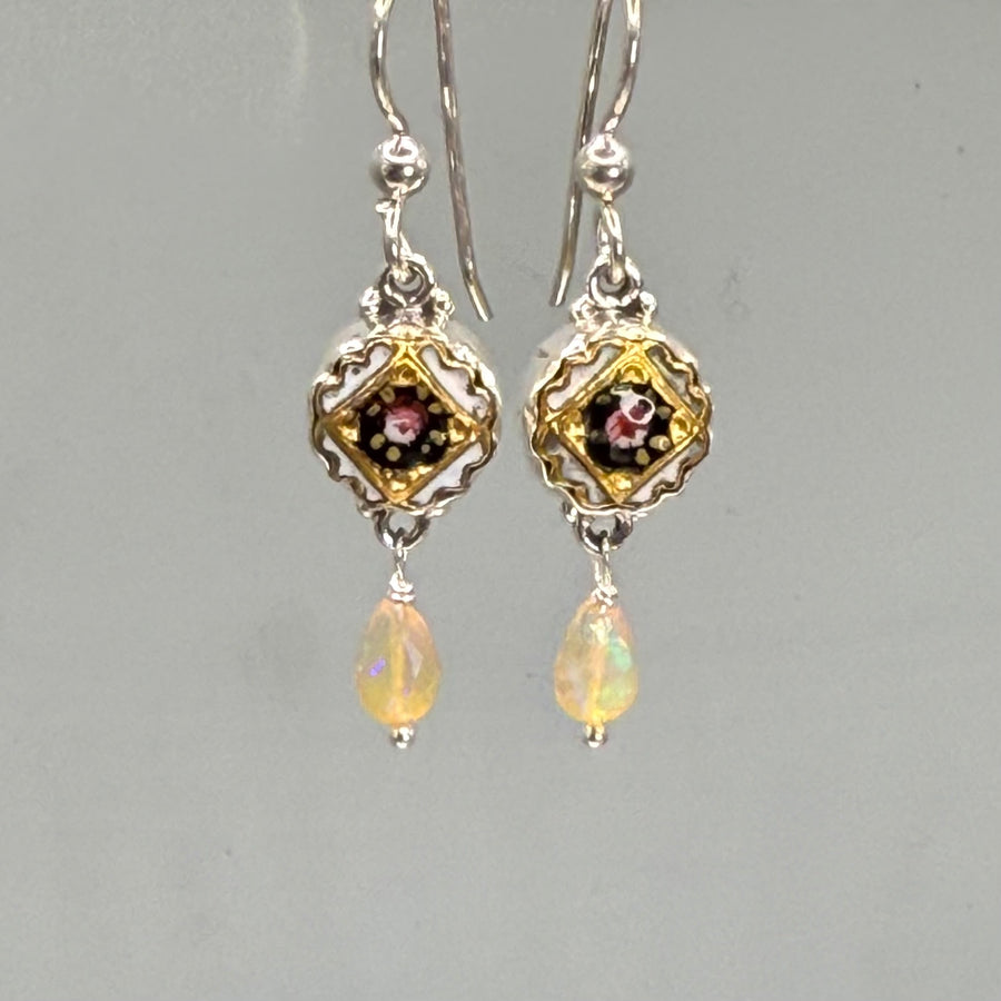 Victorian Hand Painted French Enamel Button Earrings set in Sterling Silver w/ Ethiopian Opal Facet Stone Accent