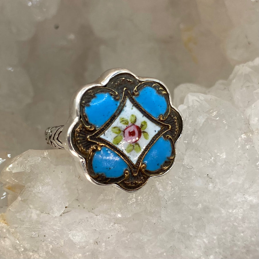 Victorian Hand Painted Enamel Sterling Silver Robins Egg Blue Brass Floral Button set in Sterling Silver Ring Size 8-1/4