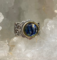 Victorian Glass in Metal Button Set in Sterling Silver Filigree Ring Size 7-1/2